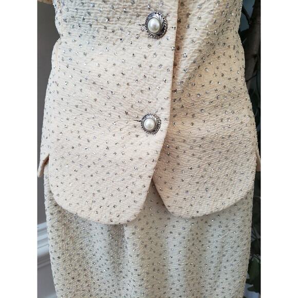 Leslie Fay Skirt Suit Set Women 10 Beige Glitter Dots Short Sleeve Button Front - Picture 12 of 14